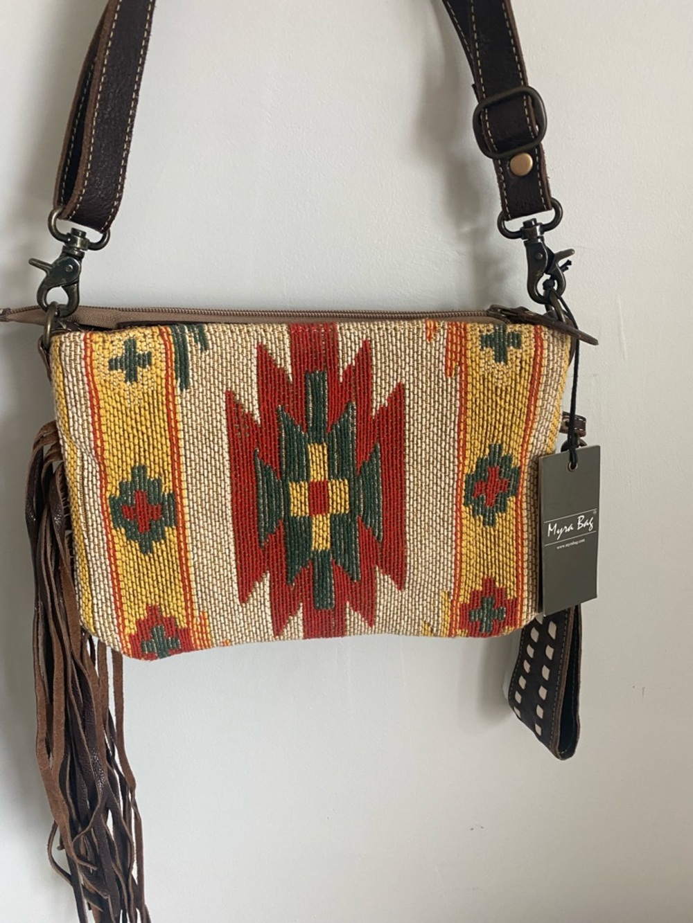 Myra Bag Woven Southwest Crossbody with Tooled Brown Leather Trim - Picture 4 of 9